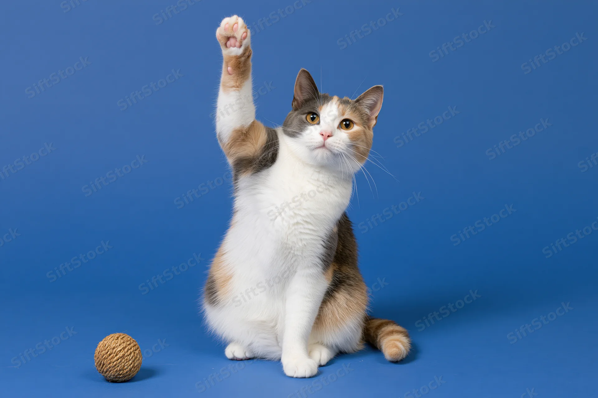 Calico cat sitting upright with one paw raised high against blue background