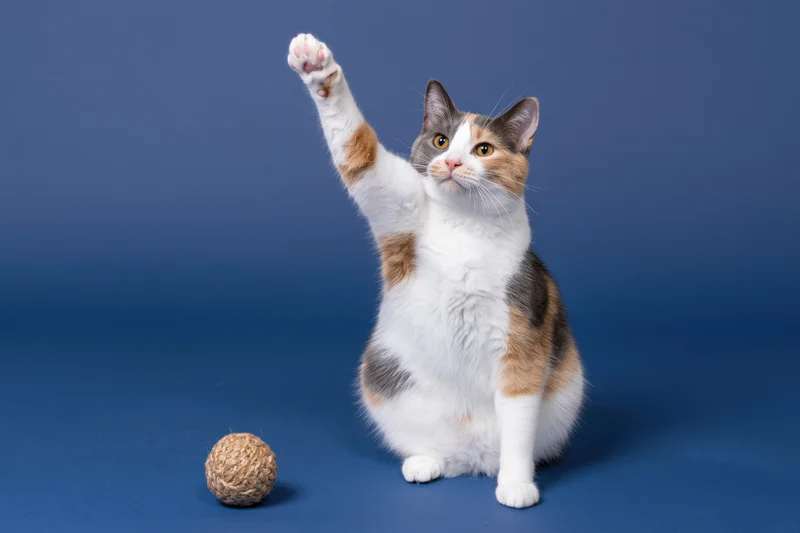 Calico cat sitting upright with one paw raised high in front of a blue background
