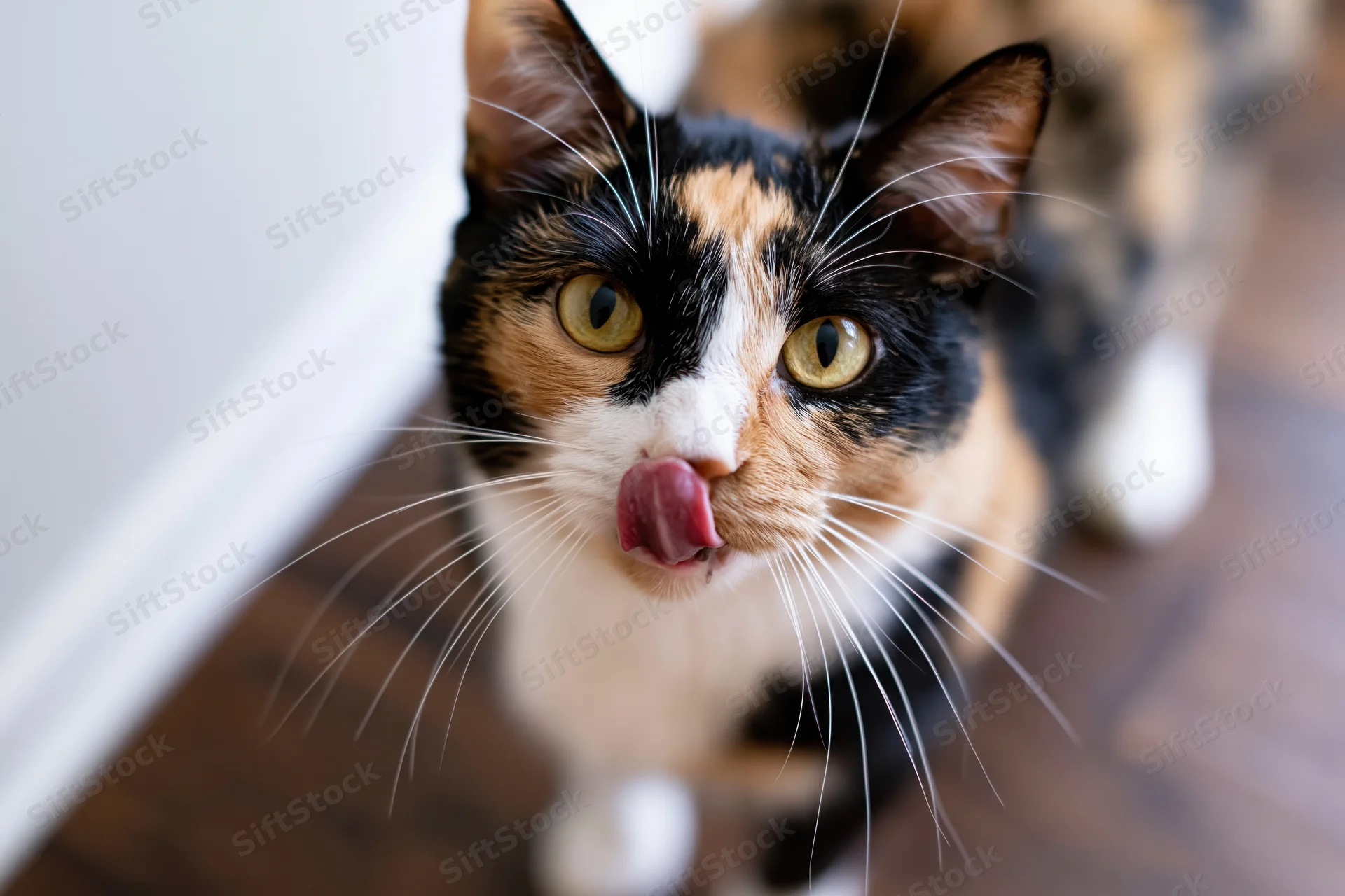 Calico cat licking its nose while looking up at camera on hardwood floor
