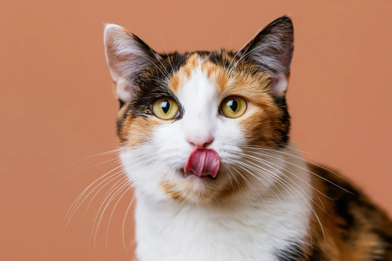 Calico cat sticking tongue out mid-lick in studio portrait against solid warm background