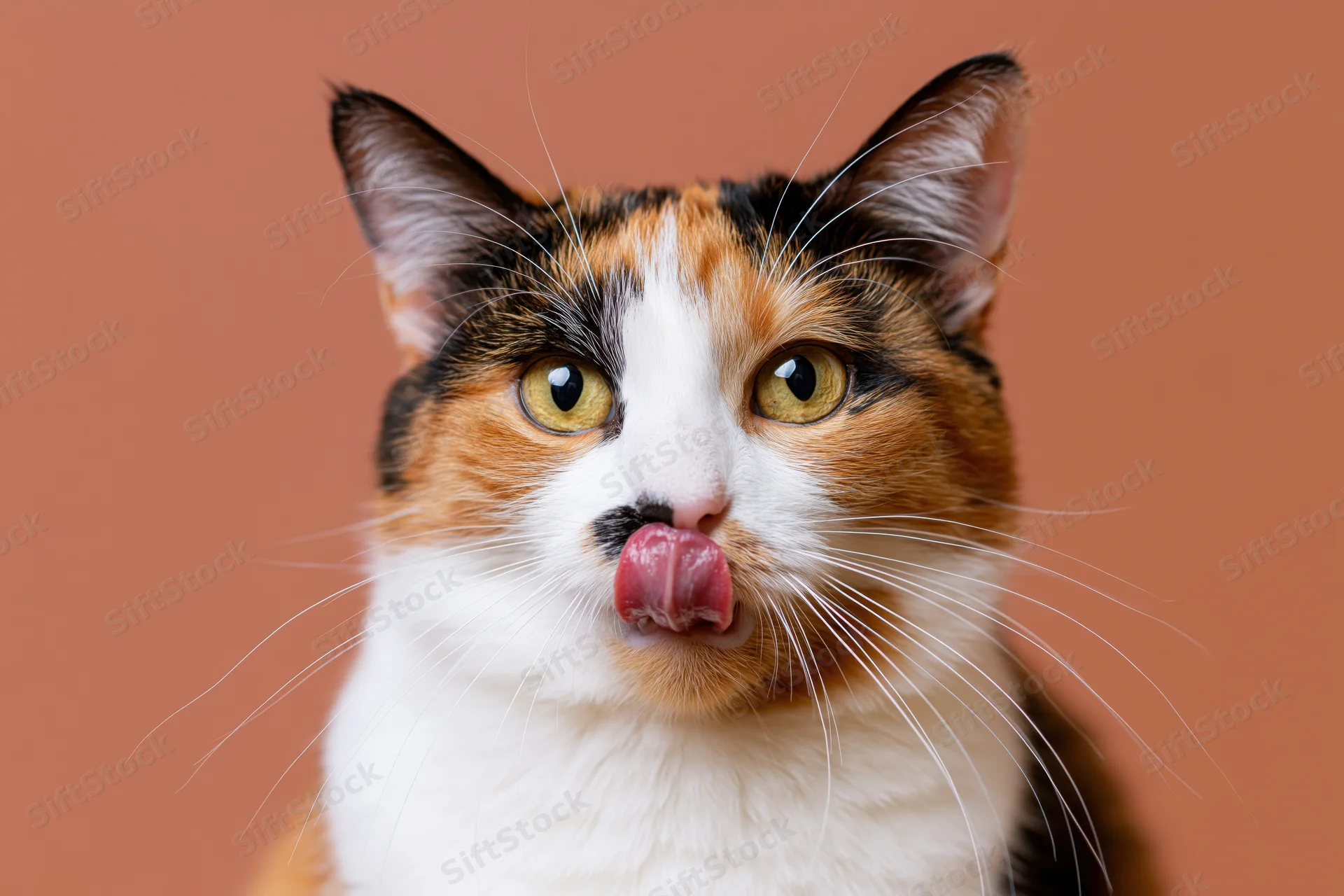 Calico cat licking its nose with tongue out, looking directly at camera against warm terracotta background