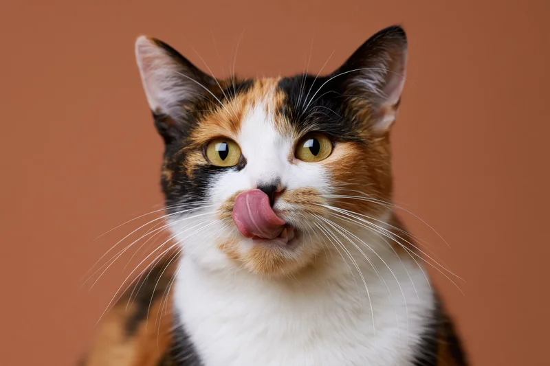 Calico cat licking its nose in a studio portrait against a brown background