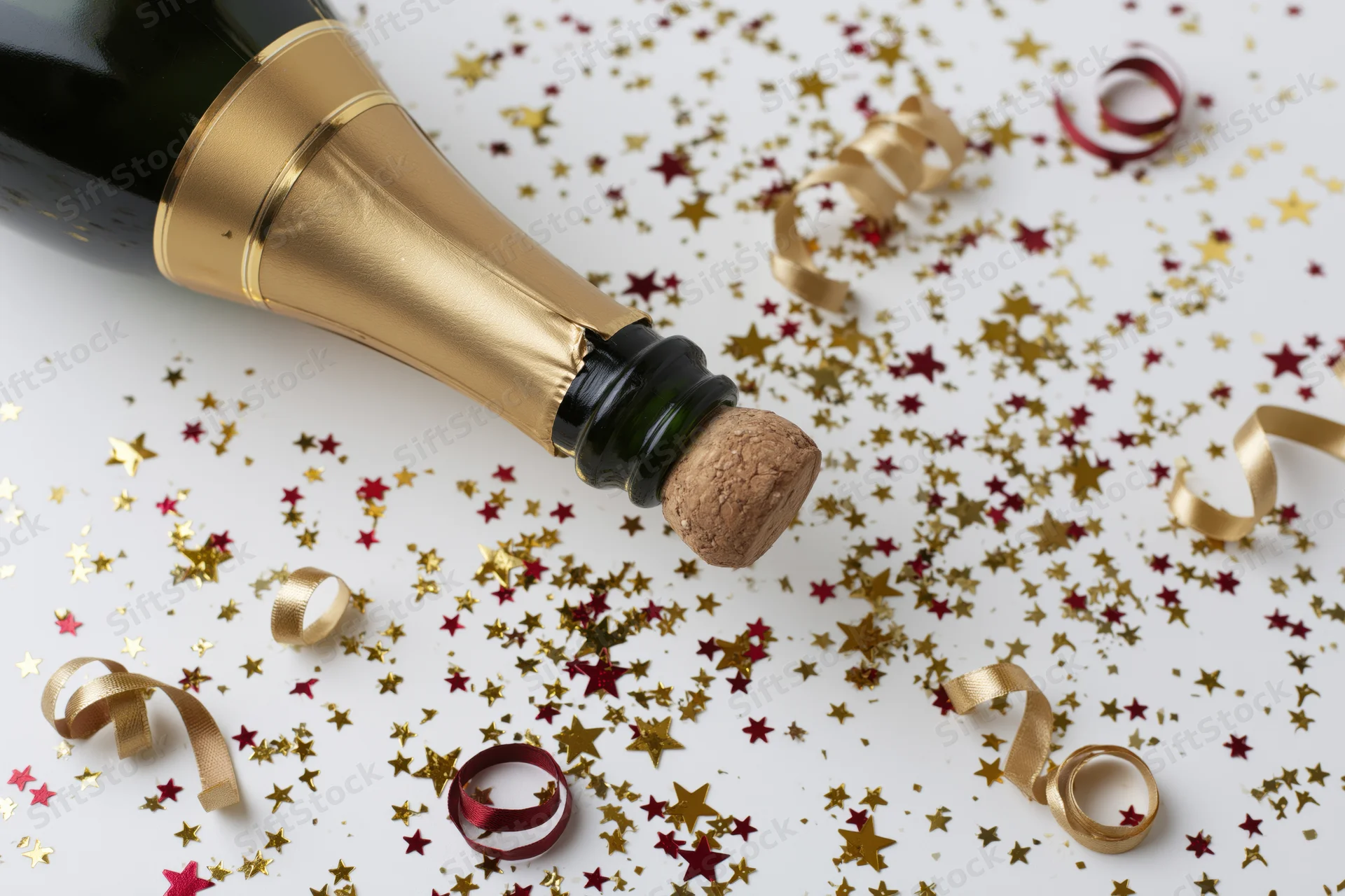 Champagne bottle with cork released lying on white surface surrounded by gold and red star confetti and curled streamers
