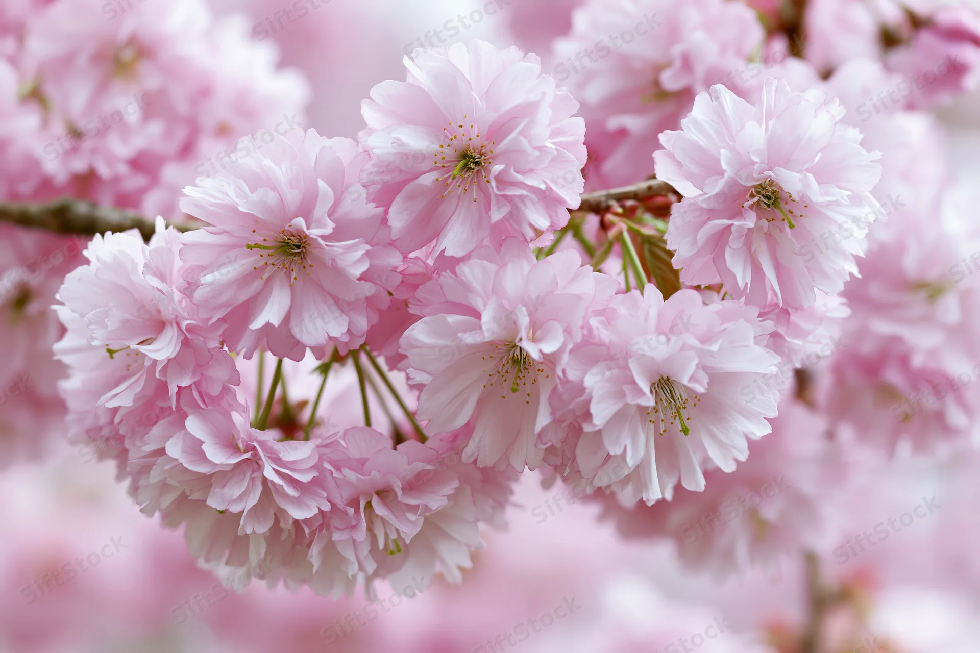 Closeup of pink double-petaled cherry blossoms on a branch in spring
