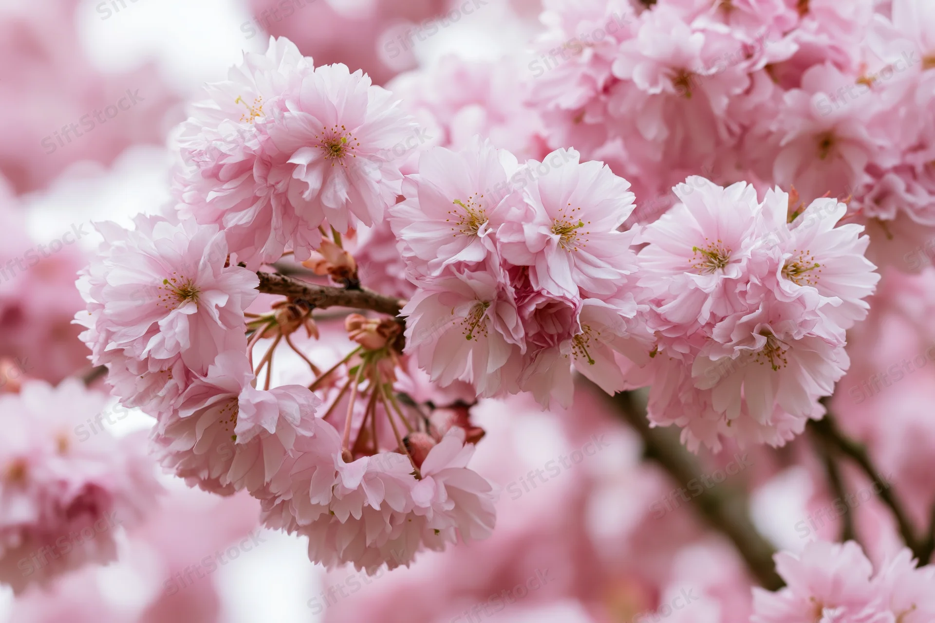 Closeup of pink double-petaled cherry blossoms on a branch in spring