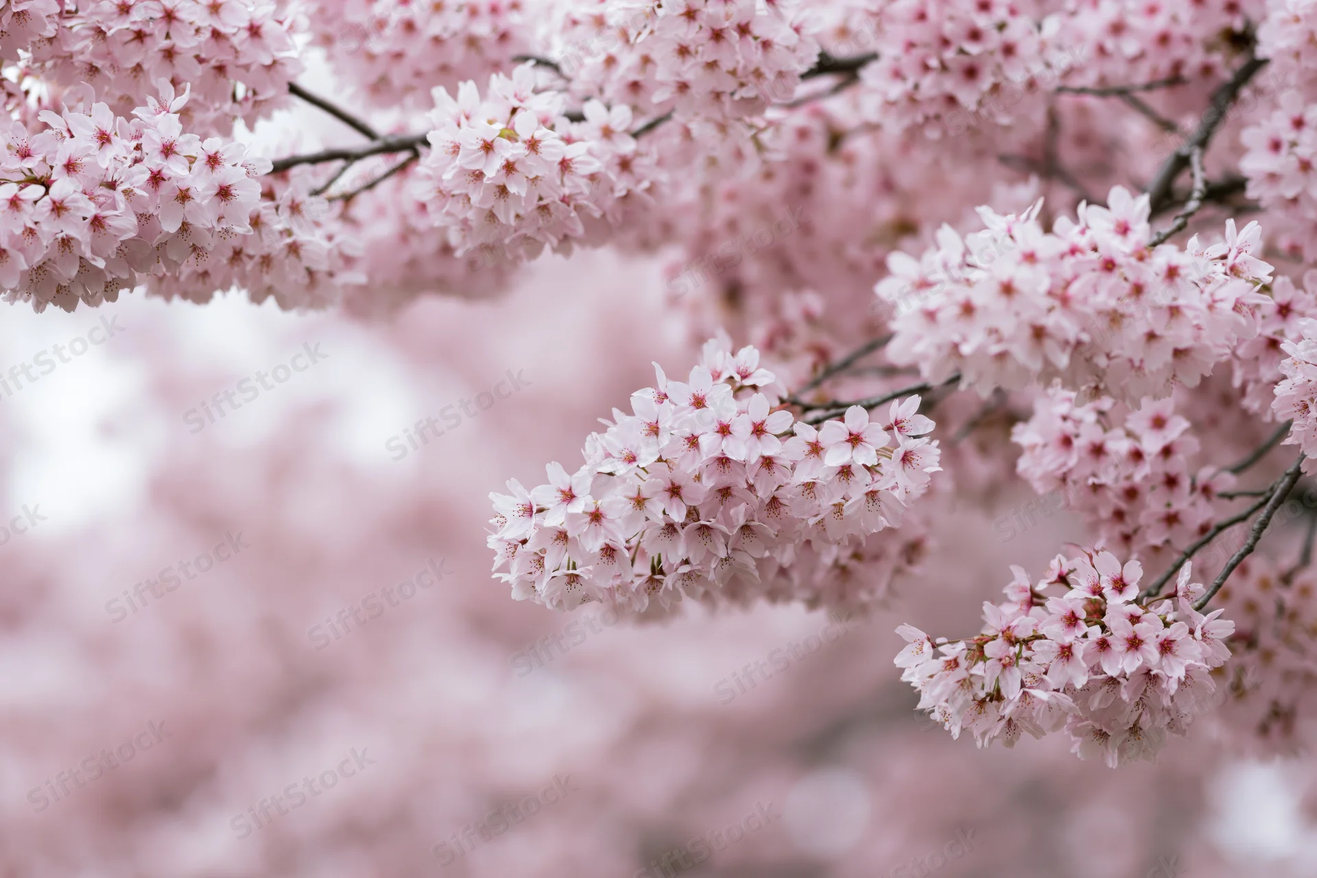 Cherry blossom branches in full bloom against a soft pink blurred background