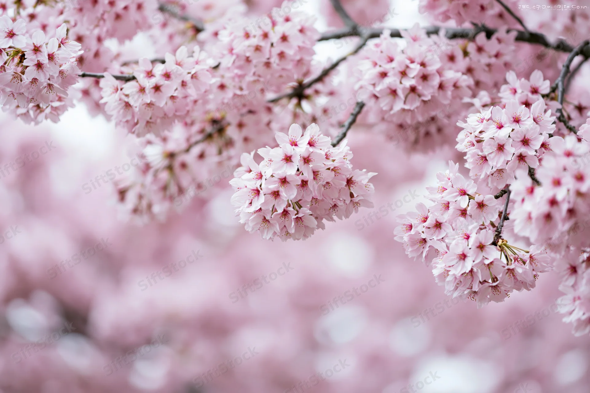 Cherry blossom branches in full bloom with soft pink flowers against a blurred floral background