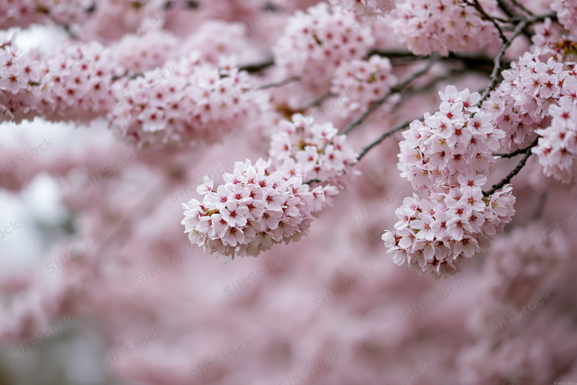 Cherry blossom branches in full bloom with soft pink flowers against a blurred floral backdrop