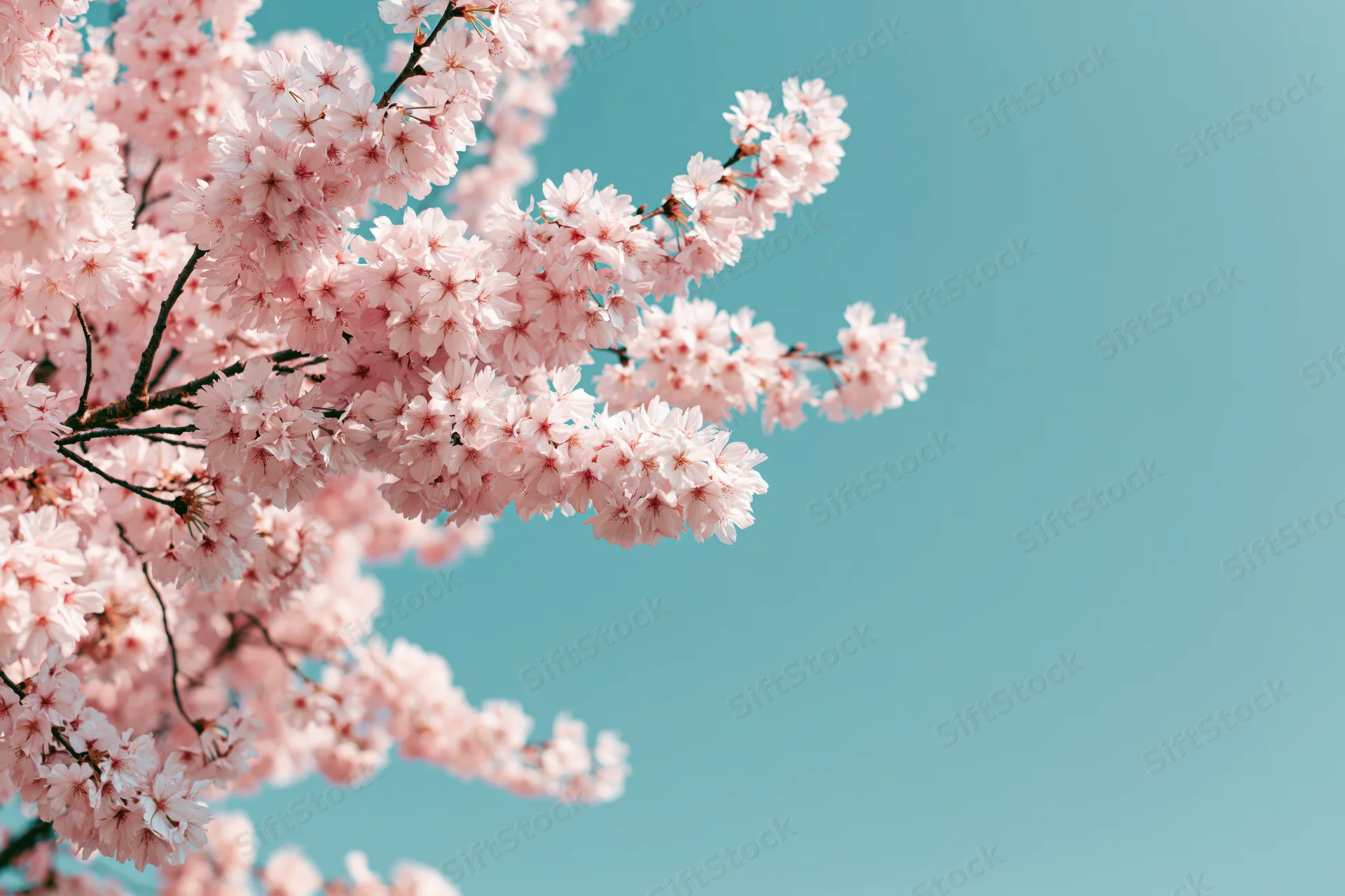Cherry blossom branches in full bloom against a clear blue sky with copyspace on the right