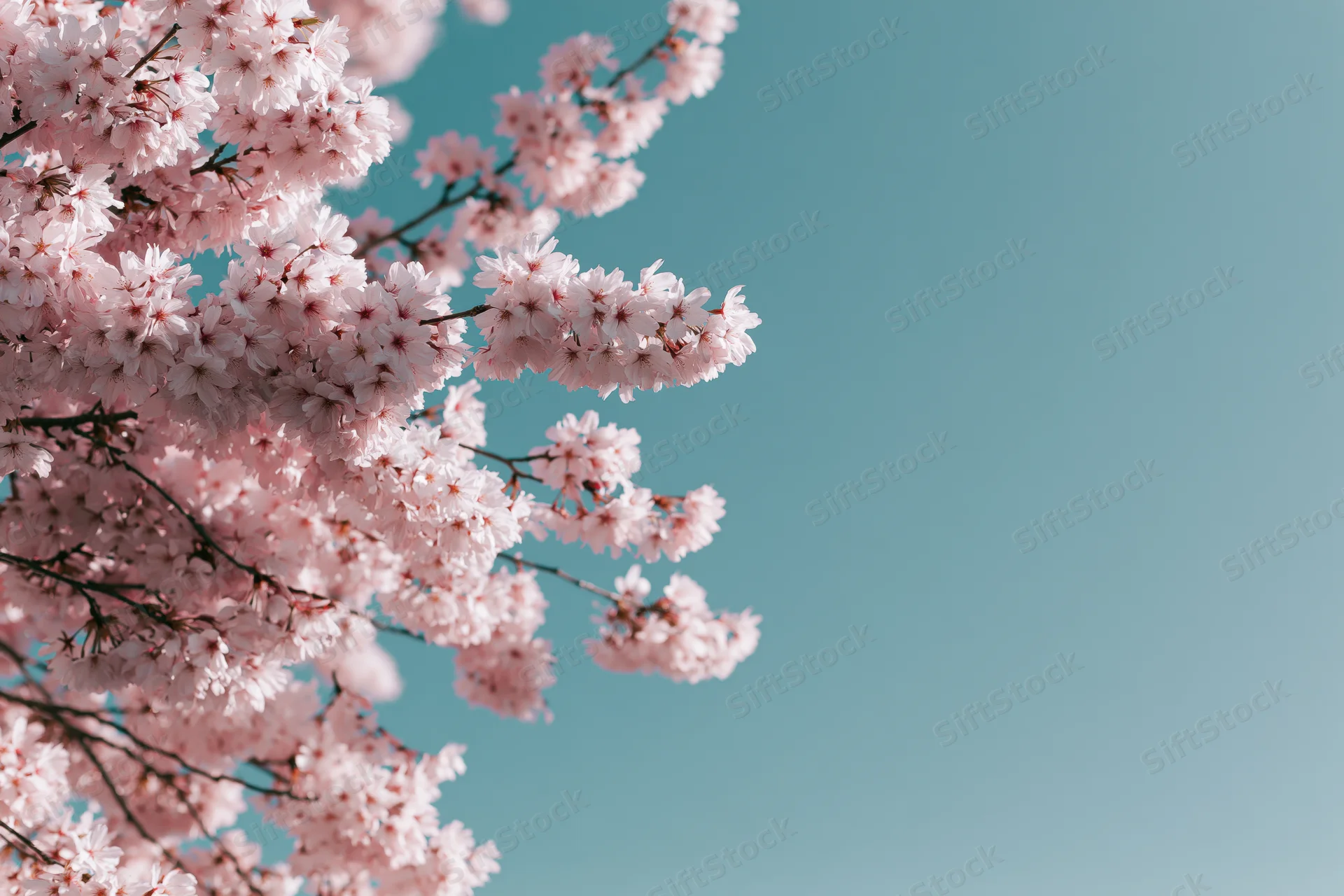 Cherry blossom branches in full bloom against a clear blue sky