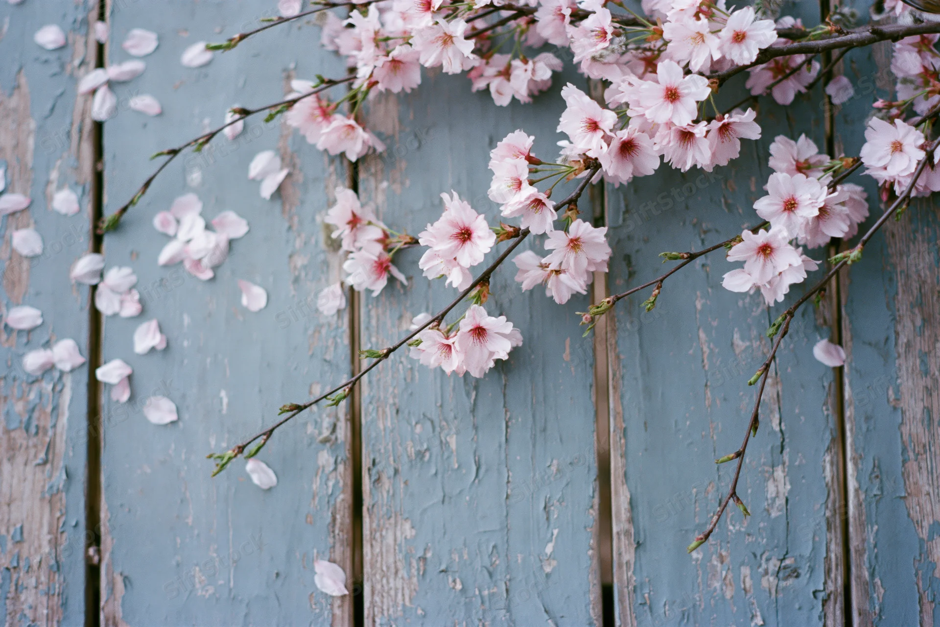 Cherry blossom branches with scattered petals lying on weathered blue wooden planks
