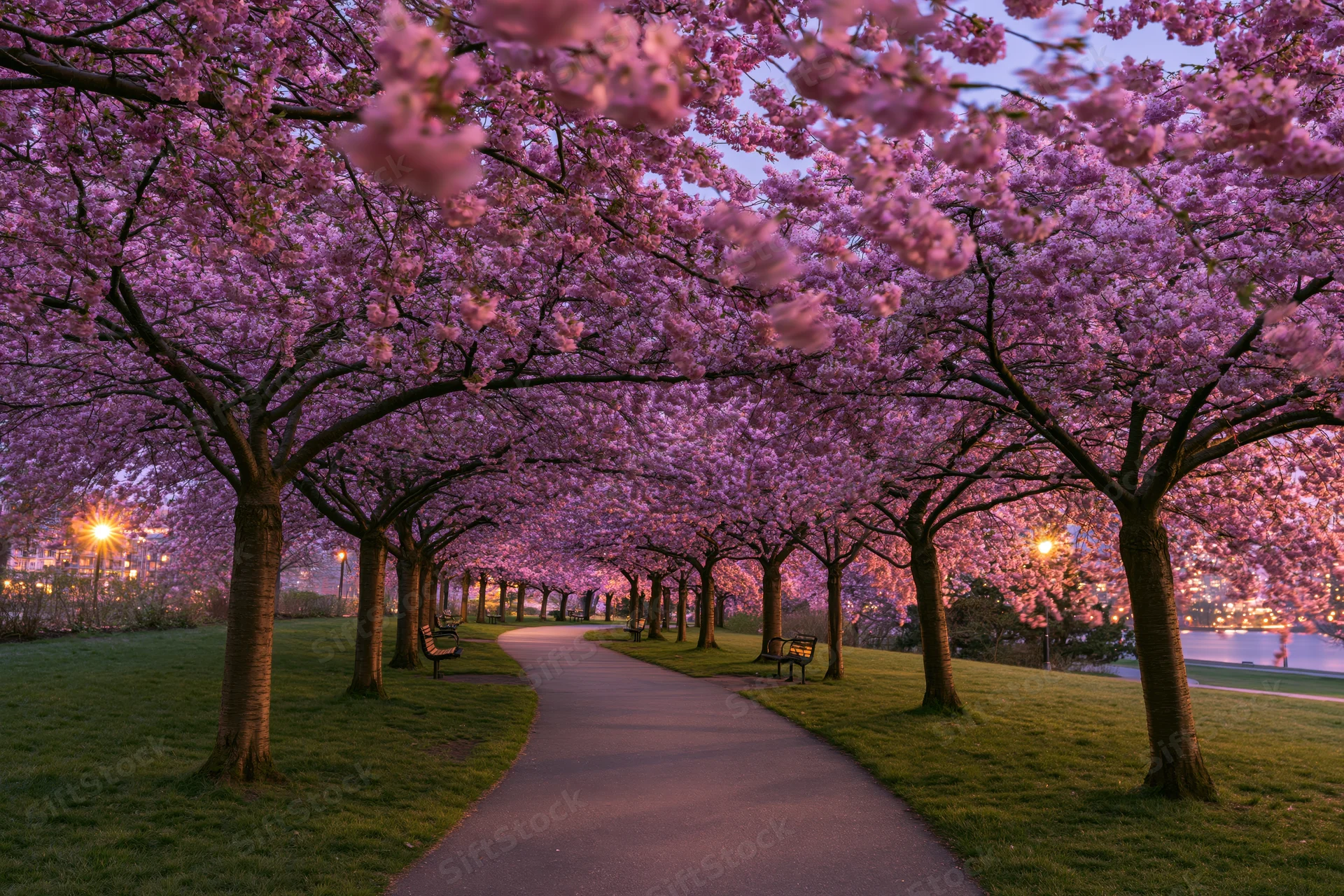 Cherry blossom trees in full bloom forming a natural canopy over a winding pathway in a park at twilight
