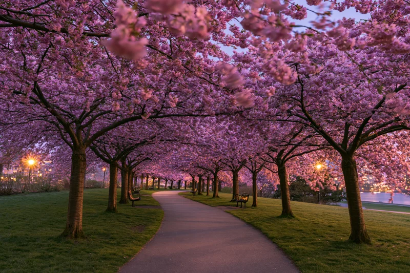 Cherry blossom trees in full bloom forming a natural canopy over a winding pathway in a park at twilight
