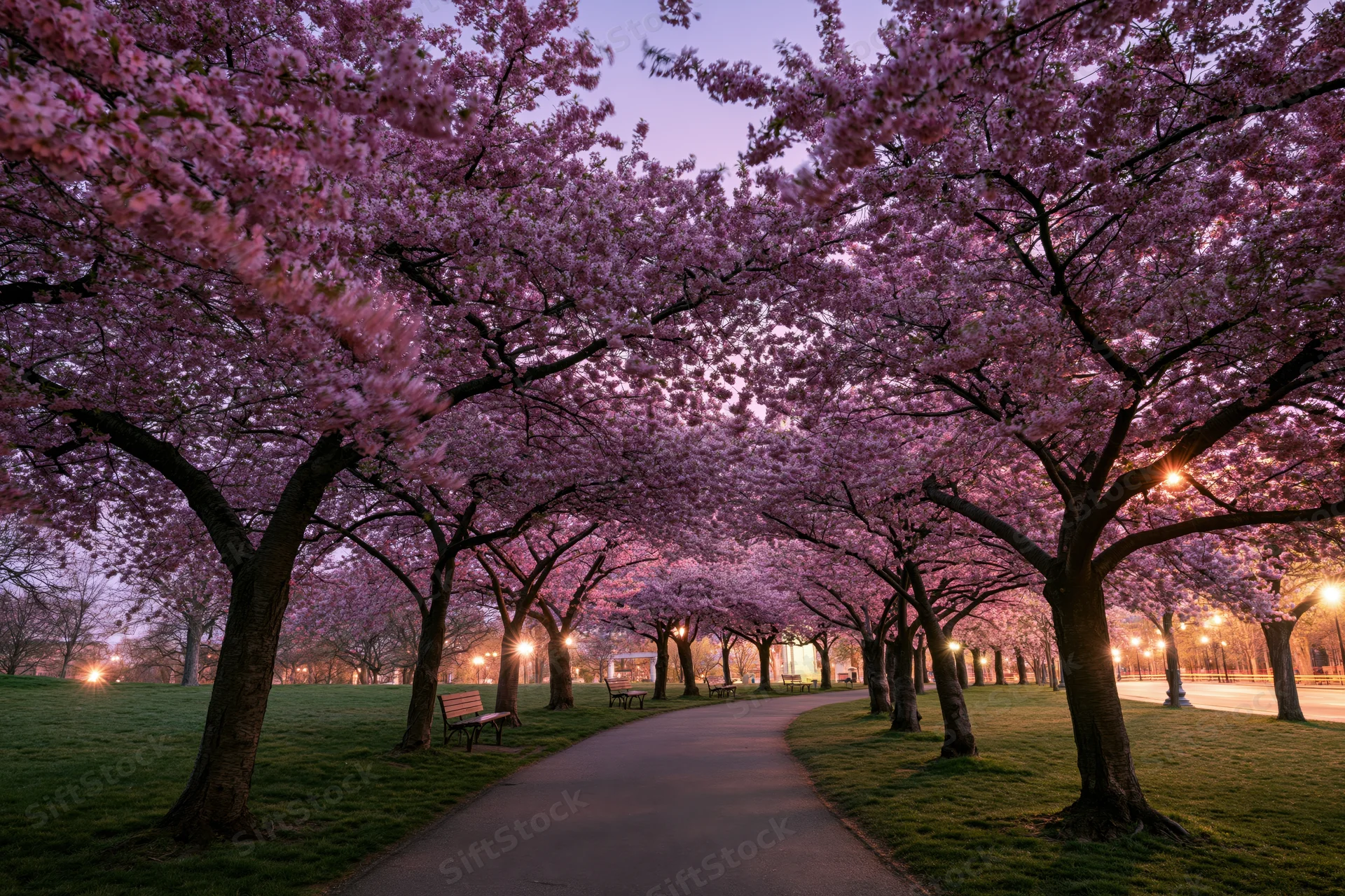 Cherry blossom trees in full bloom forming a natural canopy over a winding pathway in a park at twilight