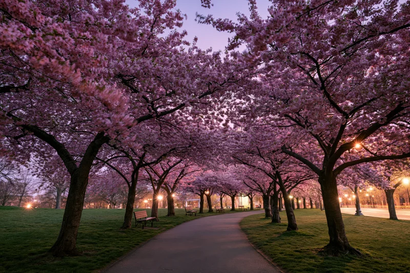 Cherry blossom trees in full bloom forming a natural canopy over a winding pathway in a park at twilight