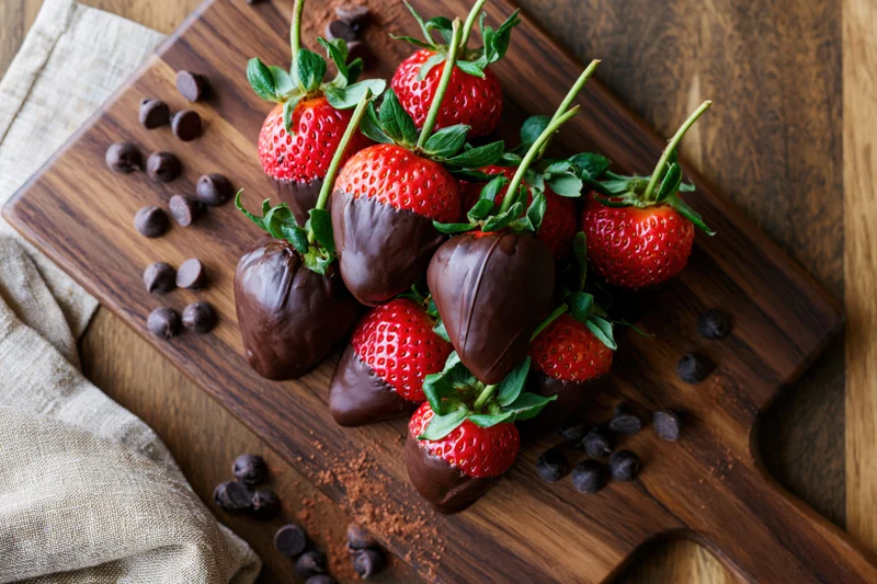 Chocolate-dipped strawberries piled on a dark walnut wooden cutting board with scattered chocolate chips and cocoa powder