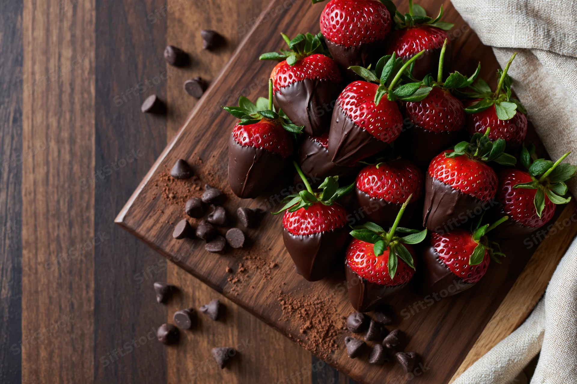 Chocolate-dipped strawberries piled on a dark walnut wooden cutting board with scattered chocolate chips and cocoa powder