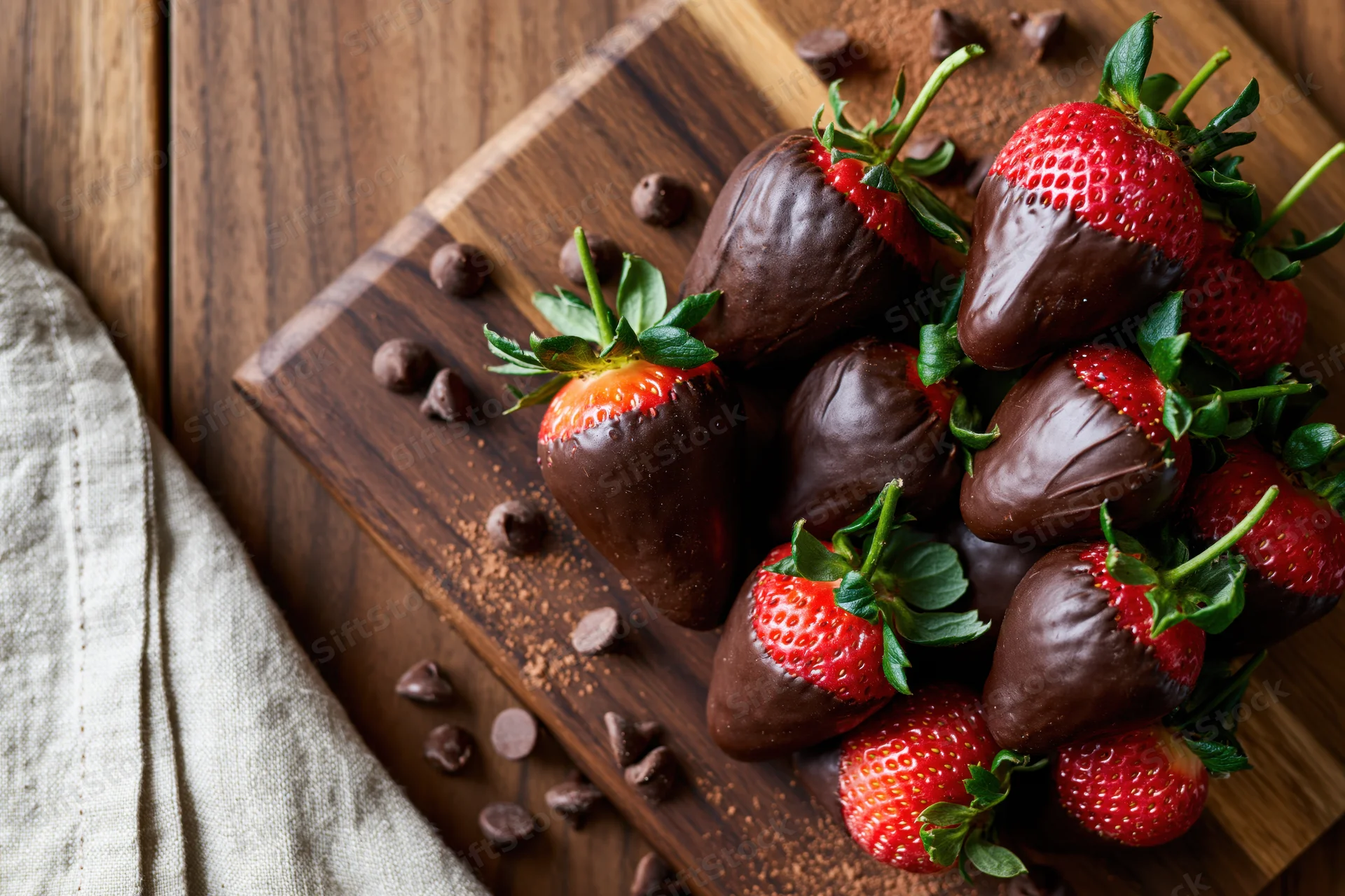Chocolate-dipped strawberries piled on a dark walnut wooden cutting board with scattered chocolate chips and a linen cloth beside