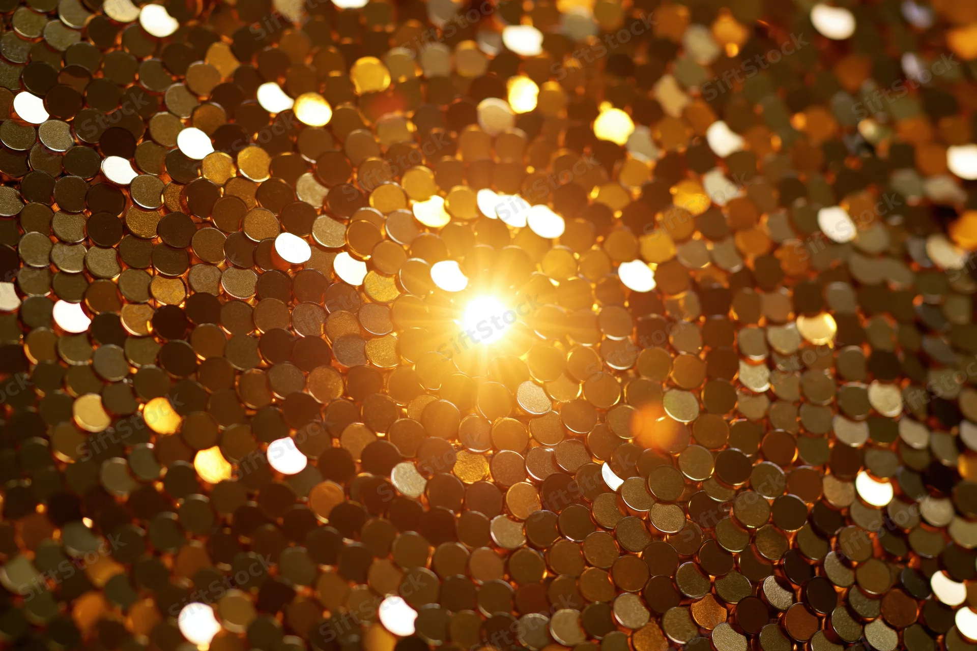 Close-up of gold sequins sparkling with light reflection across a flat surface