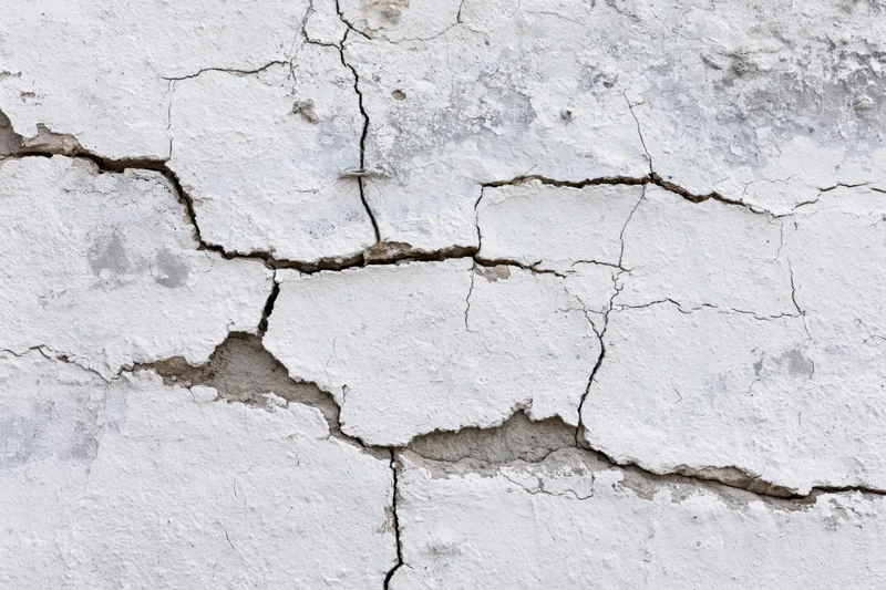 Close-up of cracked white plaster wall surface showing damage and weathering