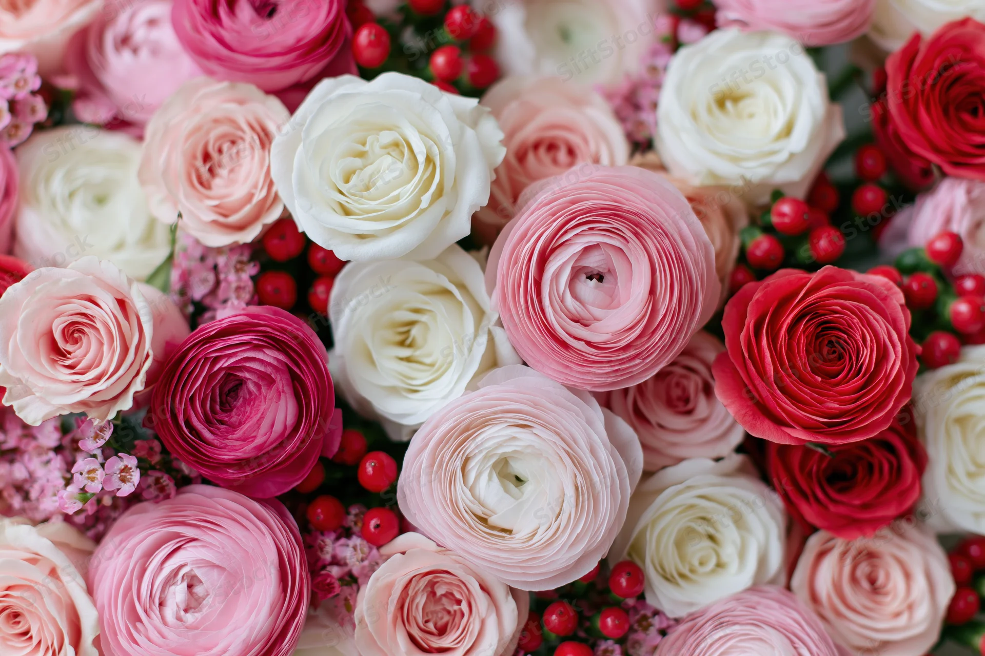 Close-up flat lay of a dense mixed flower arrangement filling the frame with pink, red, and white roses and ranunculus