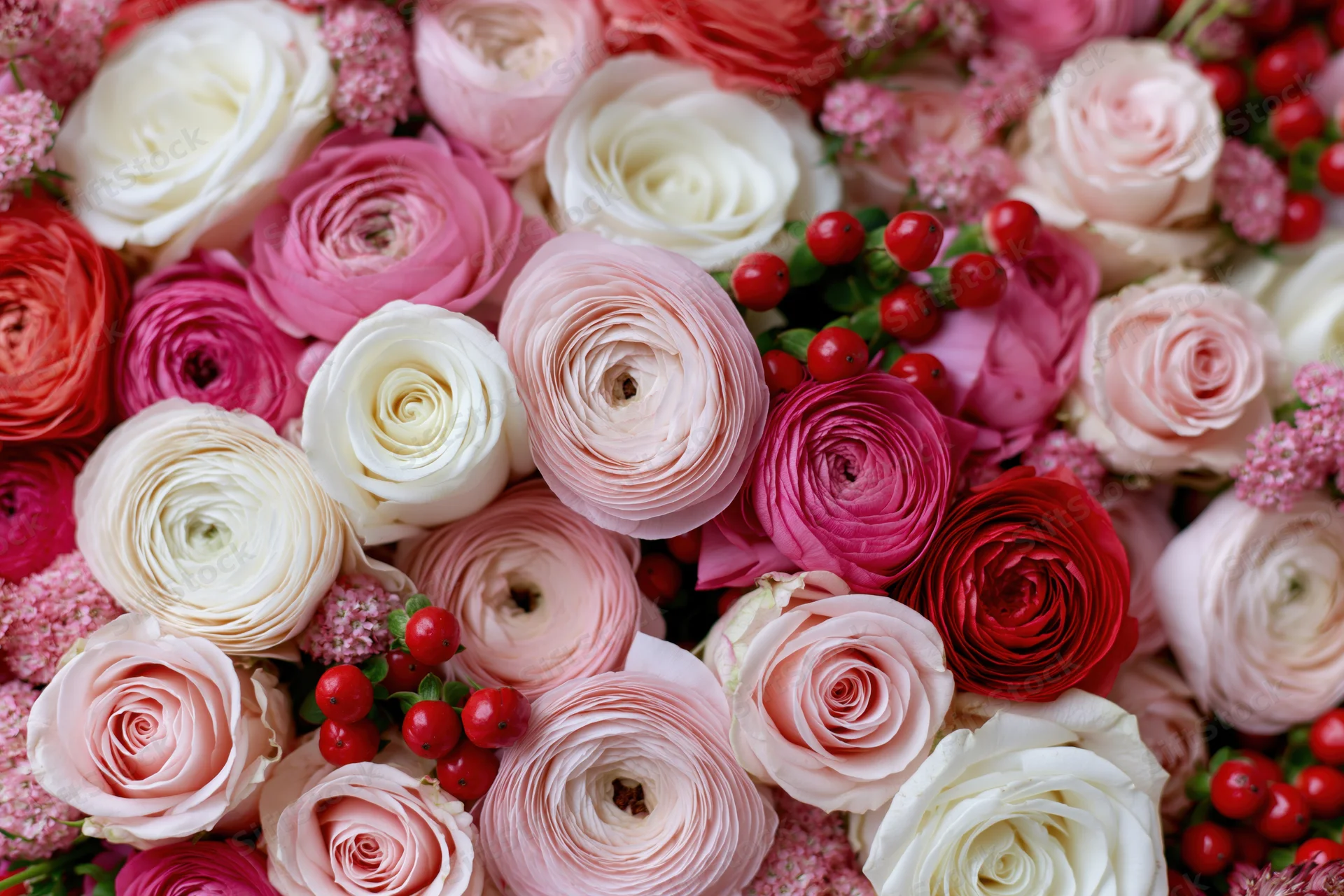 Dense flat lay of pink white and red ranunculus and roses with red berries filling the frame