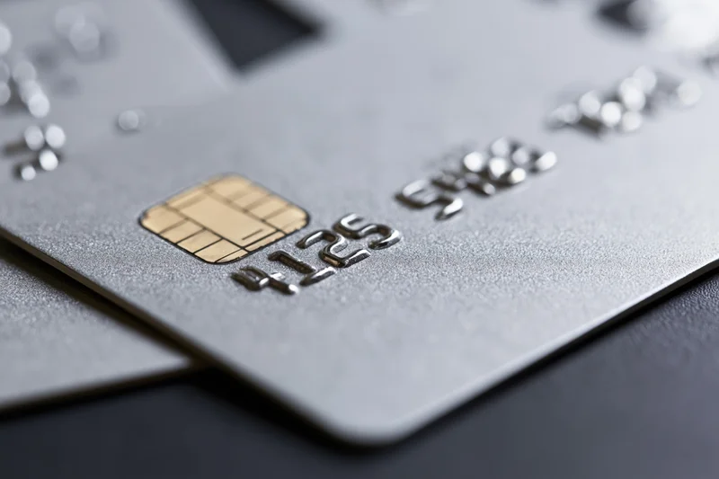 Close-up of a silver metallic credit card with embossed numbers and chip on a dark surface