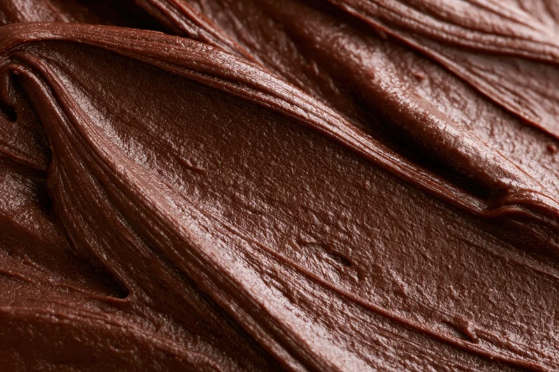 Close-up of thick chocolate frosting with swirling texture filling the frame