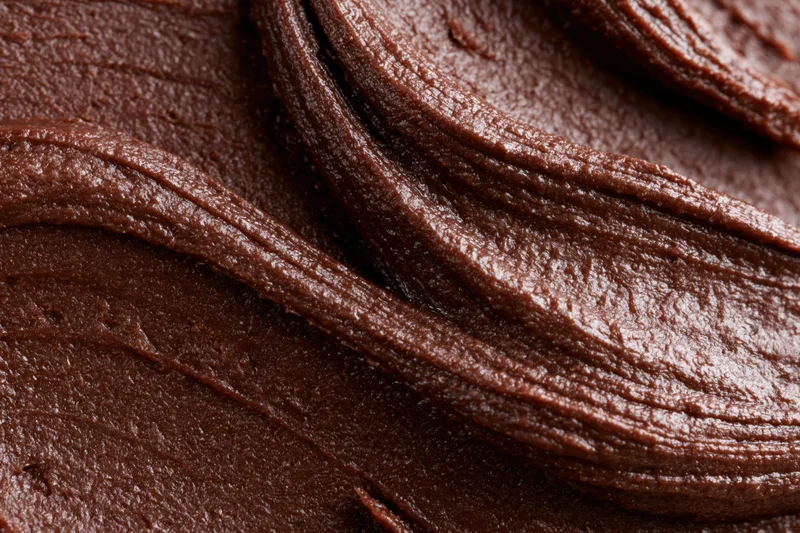 Close-up of thick chocolate frosting with swirling texture
