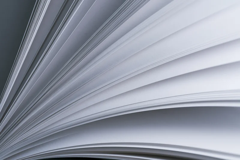 Fanned open book pages curving outward in close-up macro view
