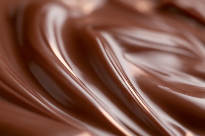 Close-up of smooth melted milk chocolate swirling in a glossy texture