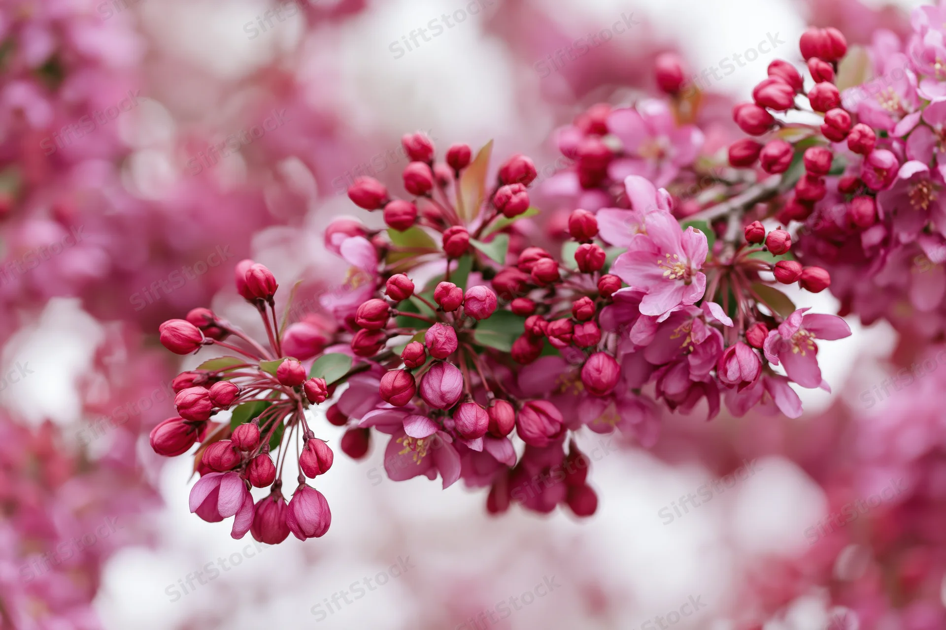 Close-up of a crabapple tree branch with deep pink blossoms and buds in spring