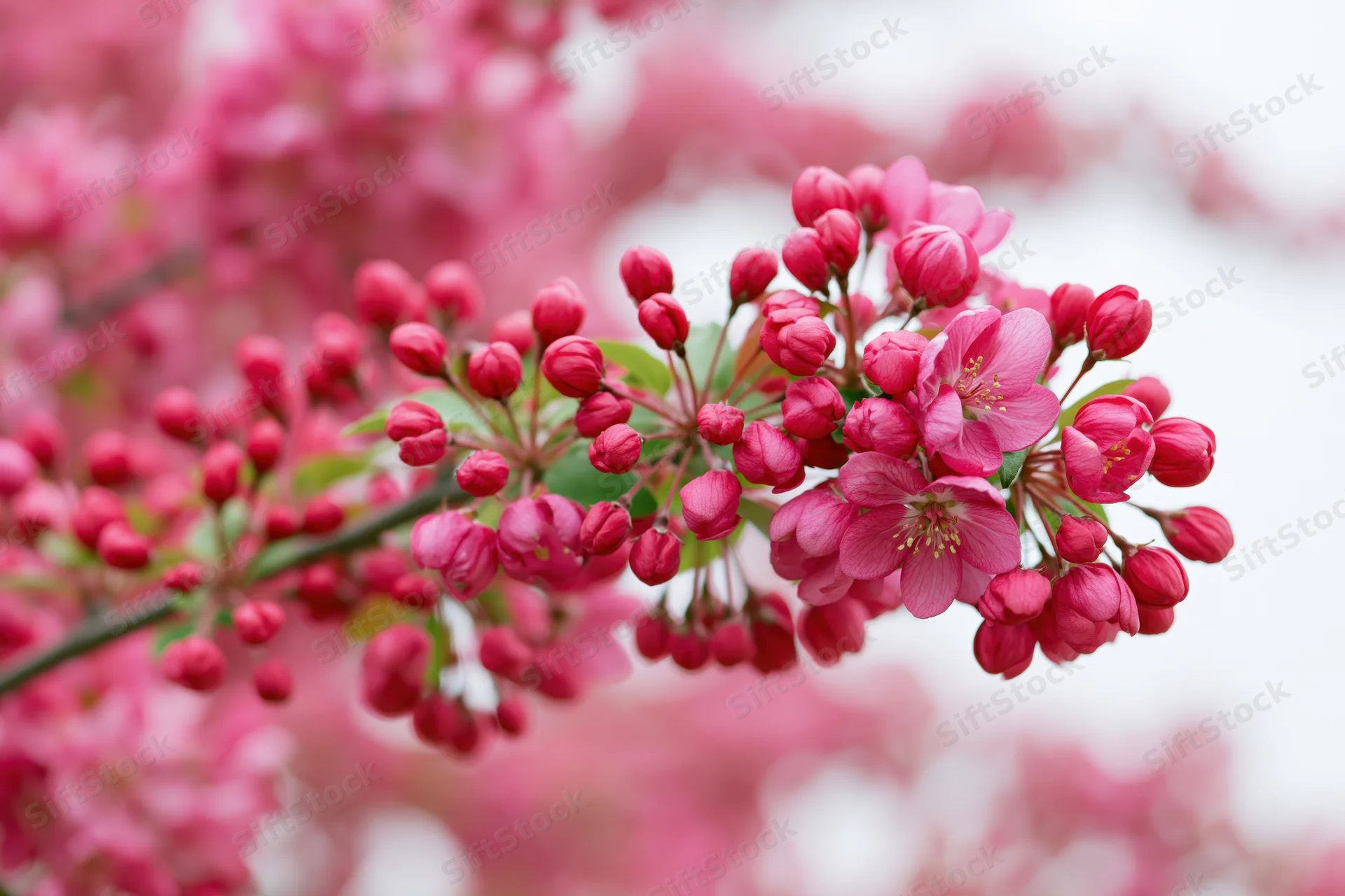 Close-up of a crabapple tree branch with deep pink blossoms and buds in spring