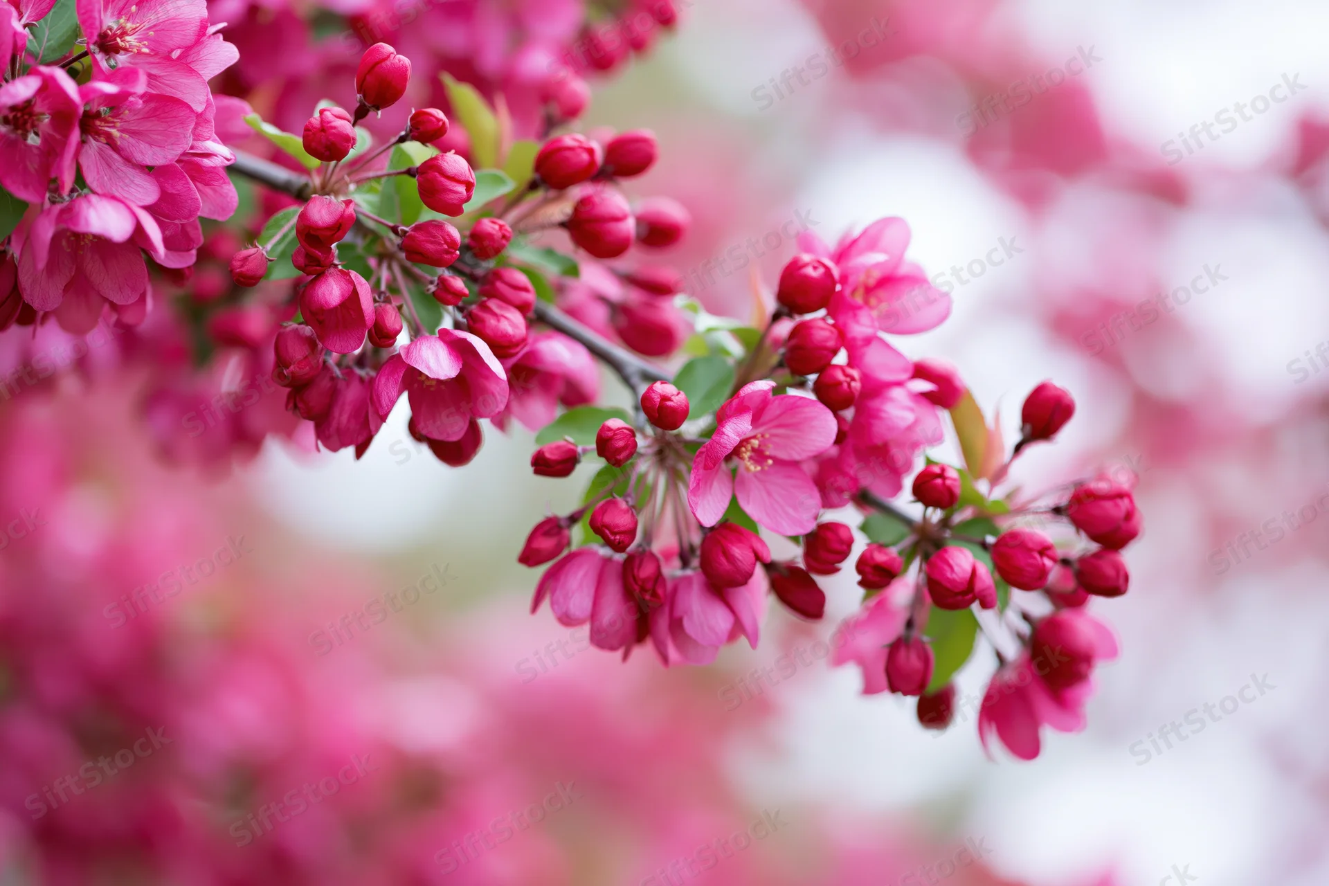Close-up of a crabapple tree branch with deep pink blossoms and buds in spring garden