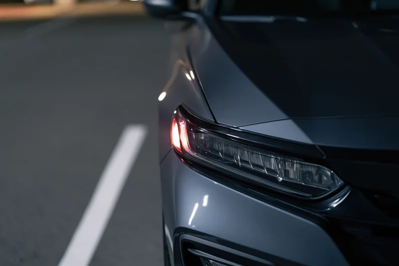 Close-up of a dark grey sedan's front headlight and hood corner on a road at night