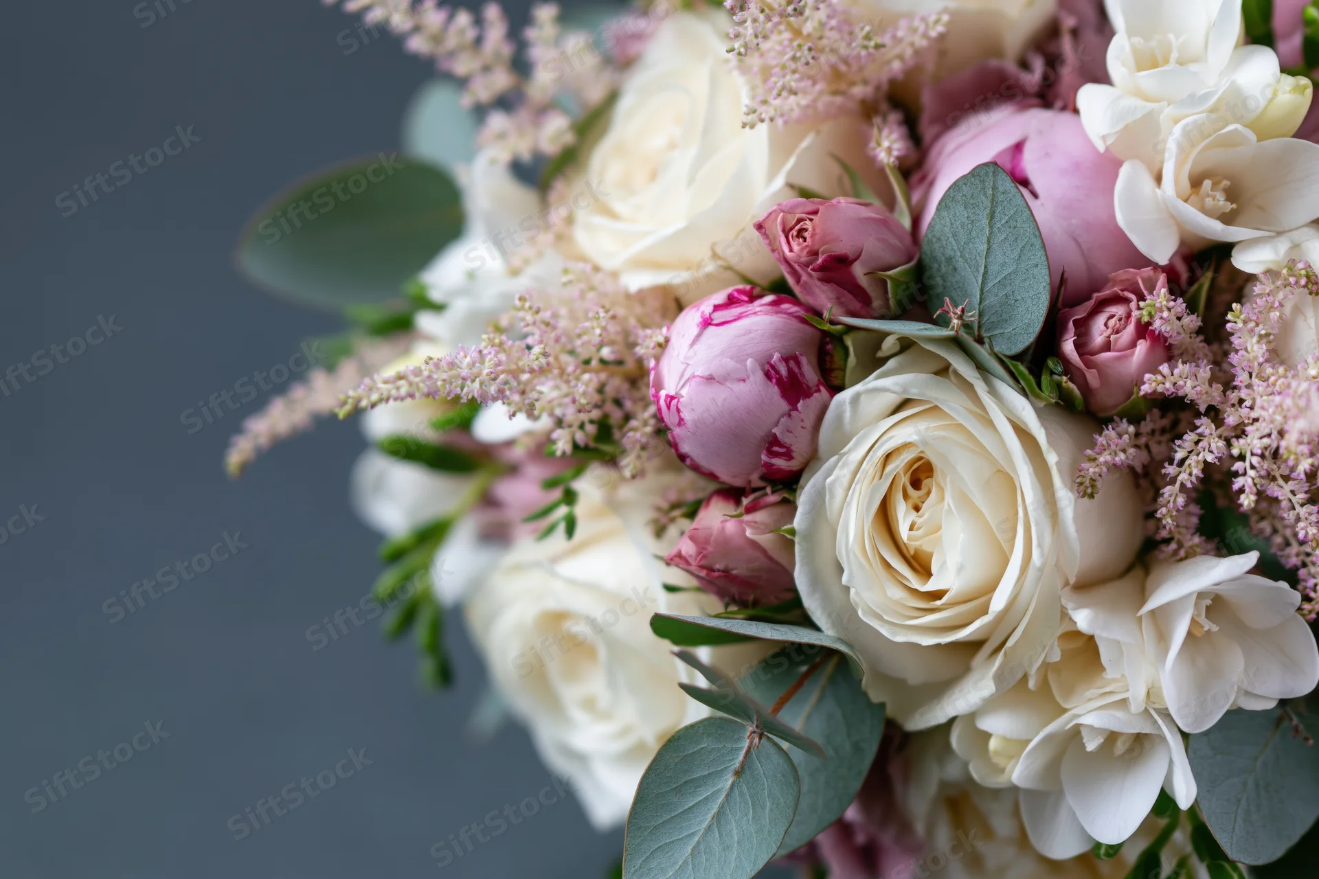 Close-up of a mixed floral bouquet with white roses, pink peonies, and eucalyptus leaves against a dark background