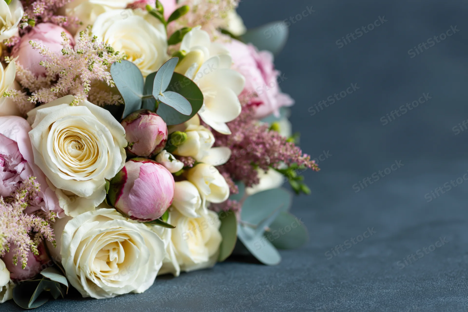 Close-up of a mixed flower bouquet with white roses, pink peonies and eucalyptus on a dark gray surface