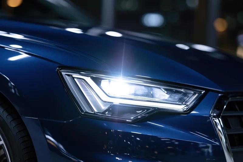 Close-up of a modern led car headlight glowing on a dark blue vehicle front