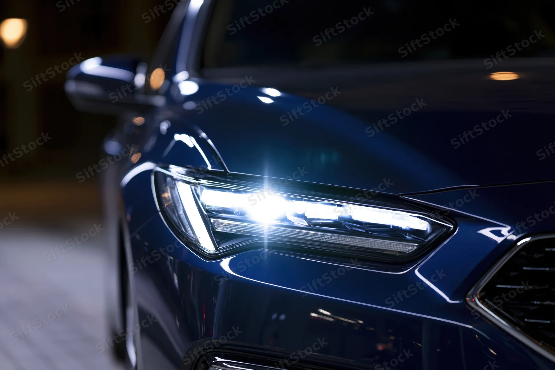 Close-up of a modern led headlight glowing on a dark blue car exterior at night