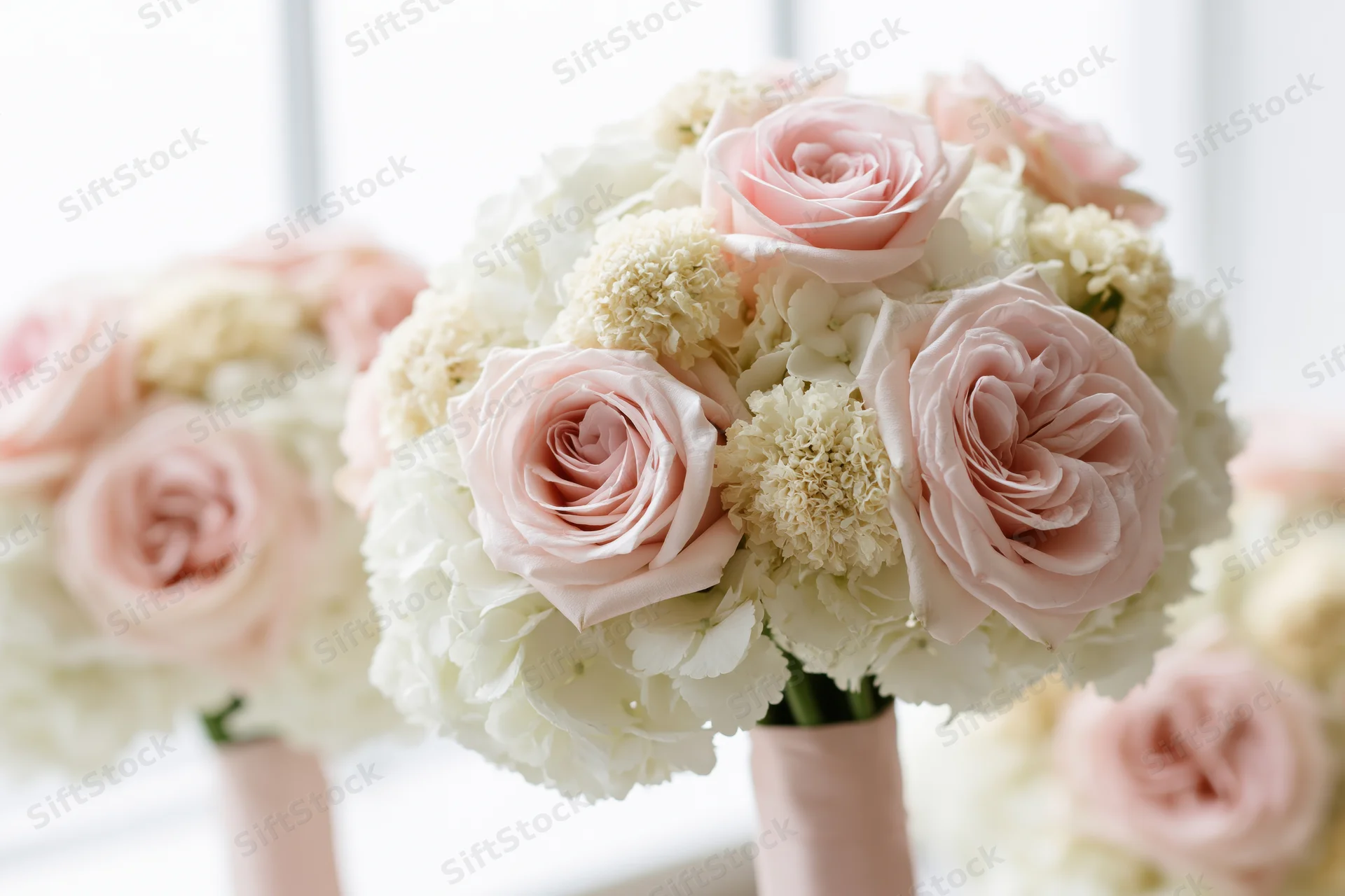 Round bridal bouquet of blush pink roses and white hydrangeas in soft focus with copyspace