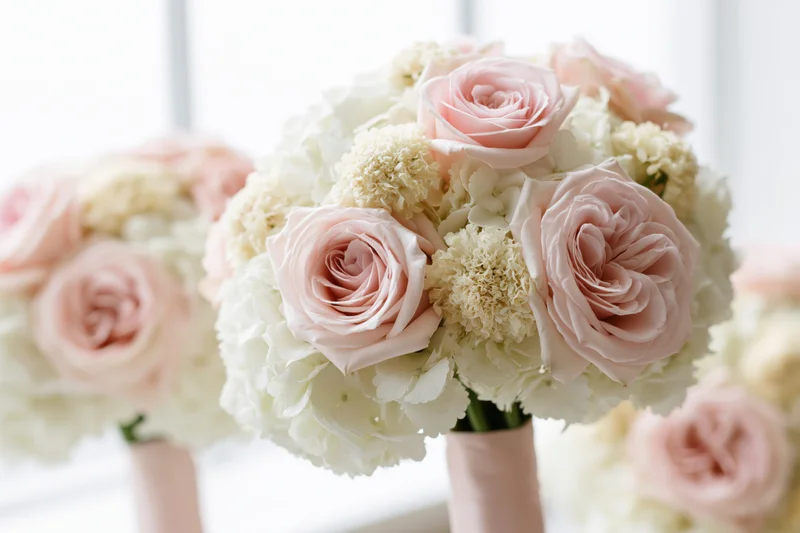 Round bridal bouquet of blush pink roses and white hydrangeas in soft focus with copyspace