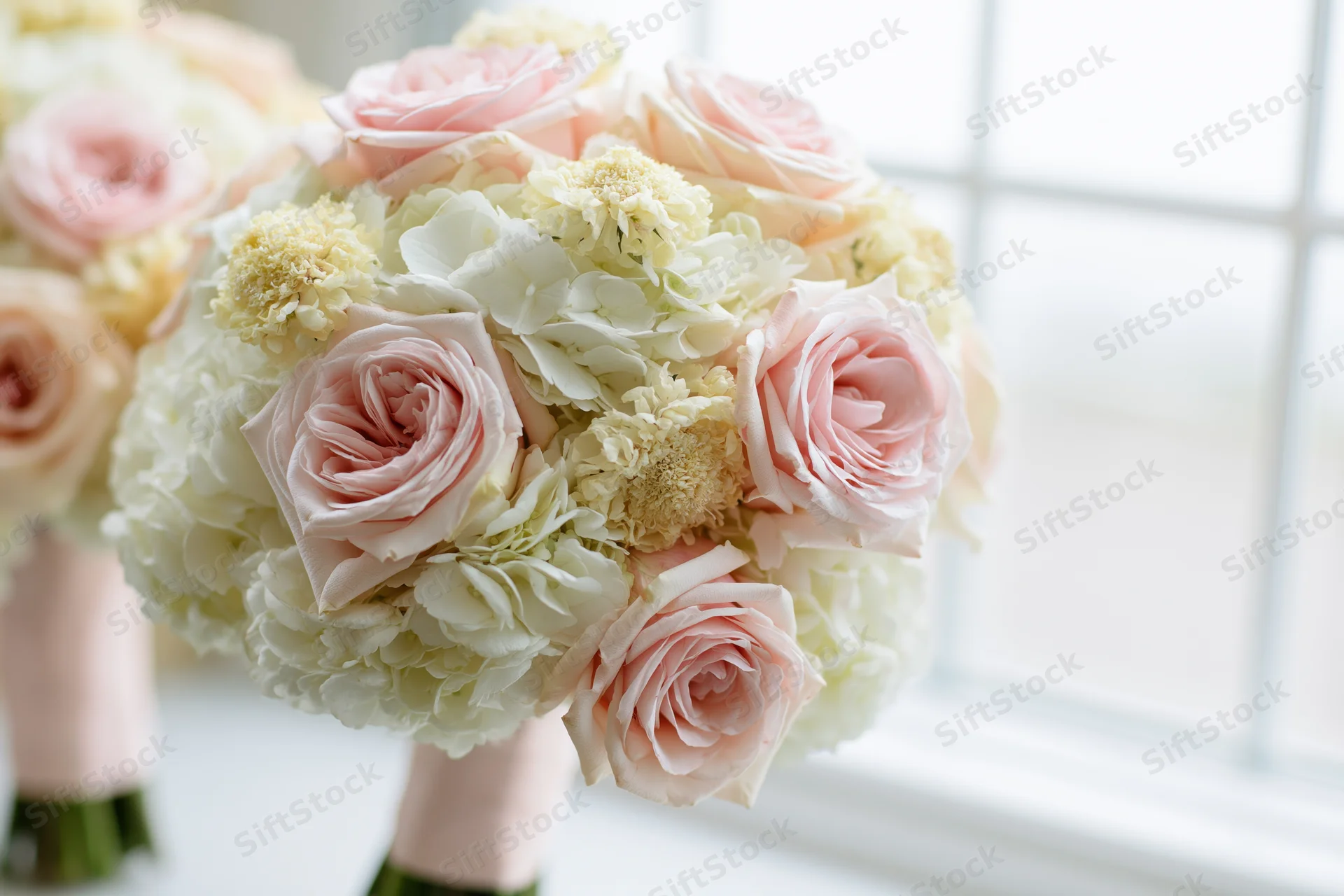 Round bridal bouquet of blush pink roses and white hydrangeas near a window