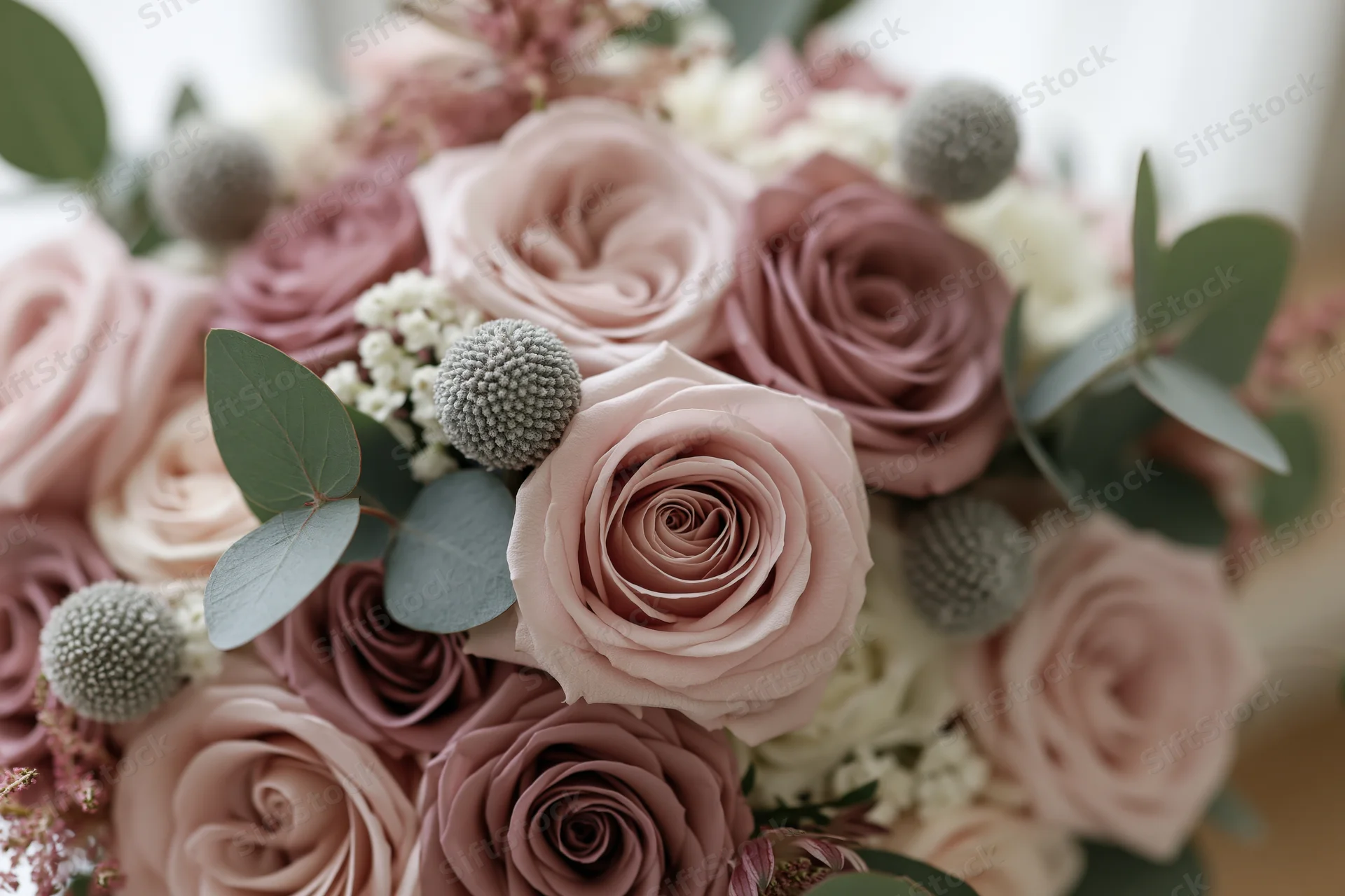 Close-up of a wedding bouquet with blush pink roses and greenery arranged in soft romantic style