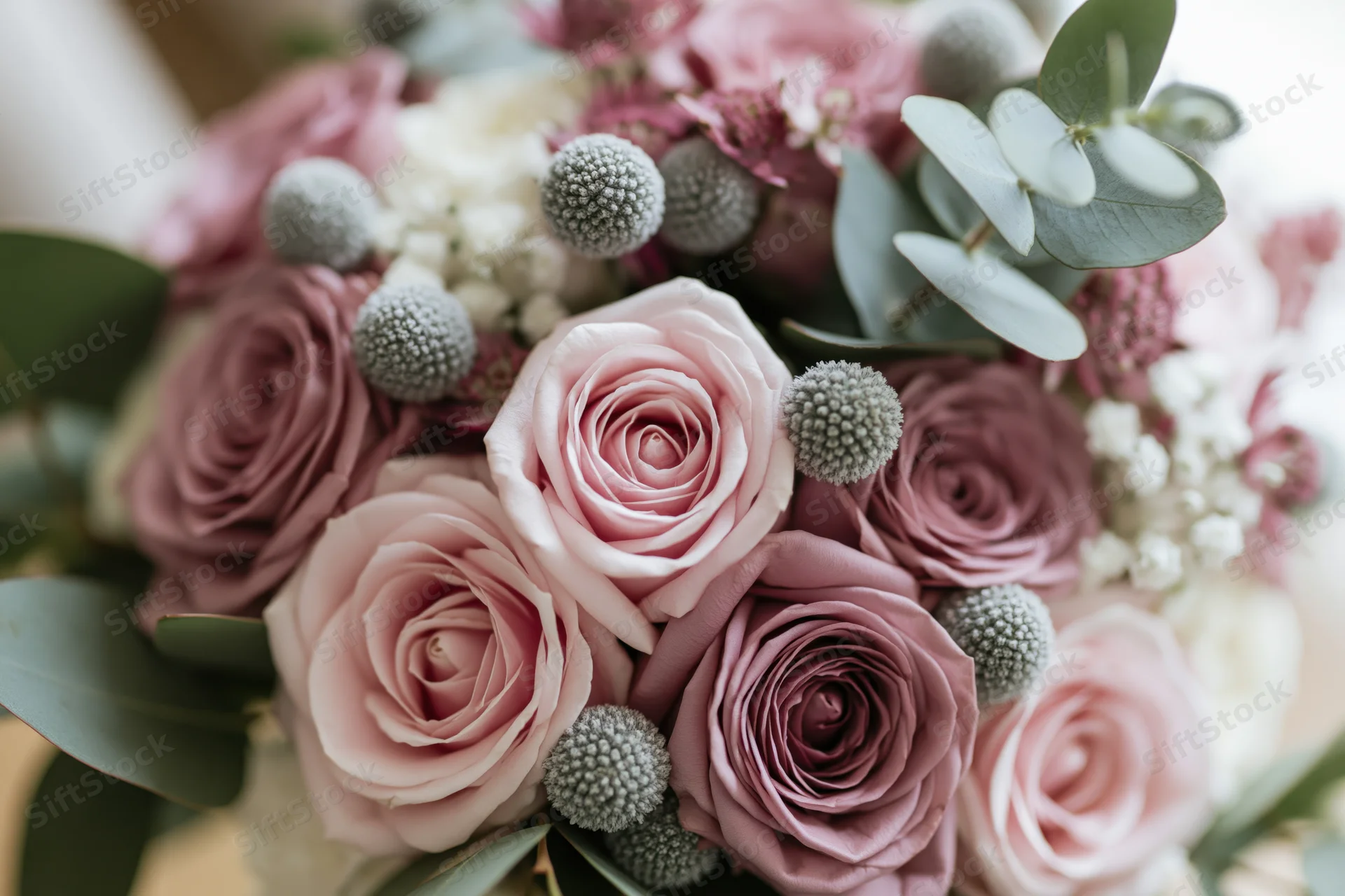 Close-up of a wedding bouquet with blush pink roses and eucalyptus leaves