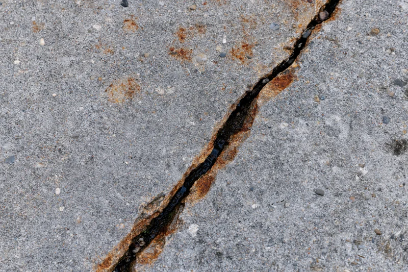 Diagonal crack in concrete pavement filled with black sealant