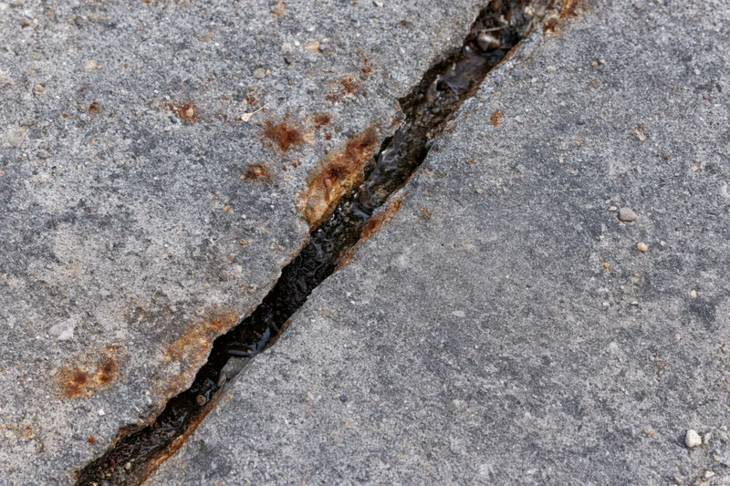 Diagonal crack in gray concrete pavement with rust and water accumulation