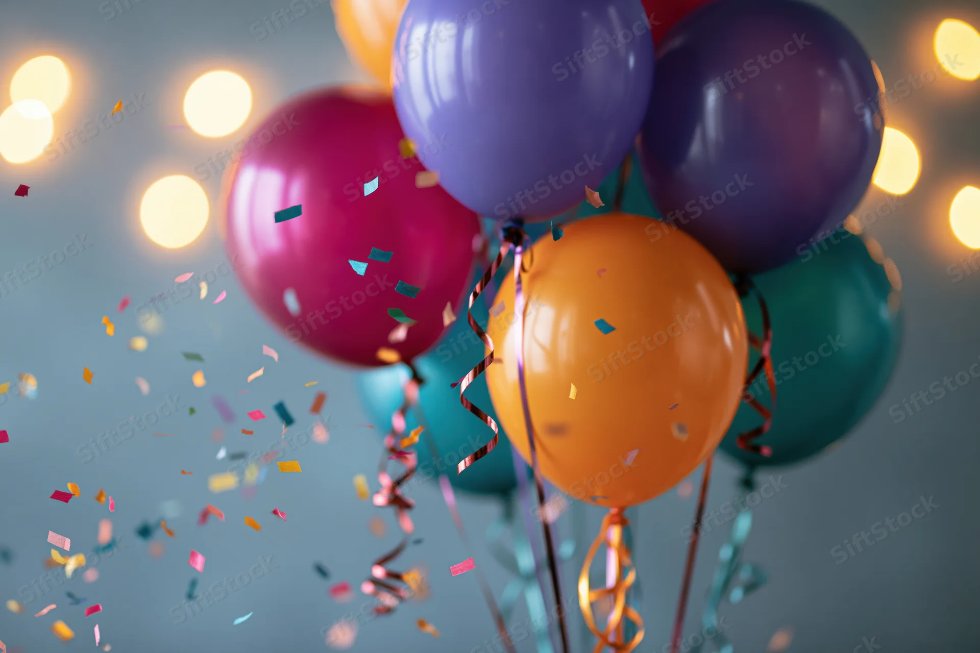 Cluster of colorful helium balloons floating with confetti and bokeh lights in the background