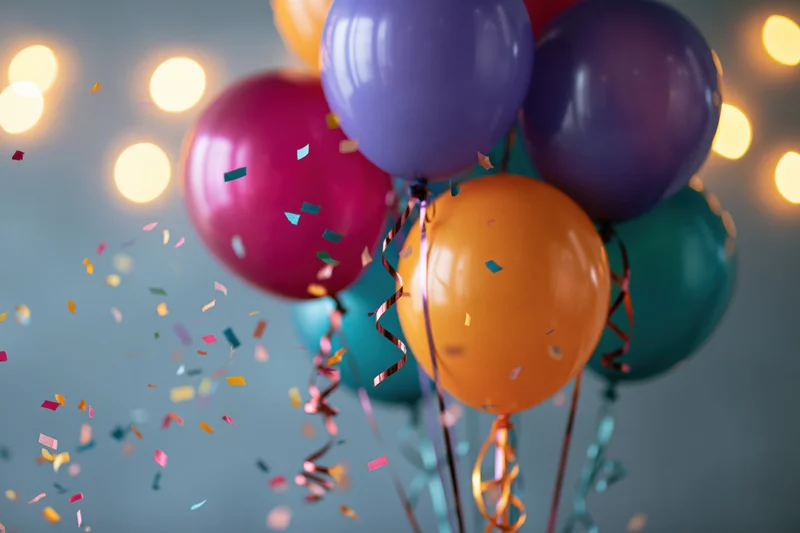 Cluster of colorful helium balloons floating with confetti and bokeh lights in the background