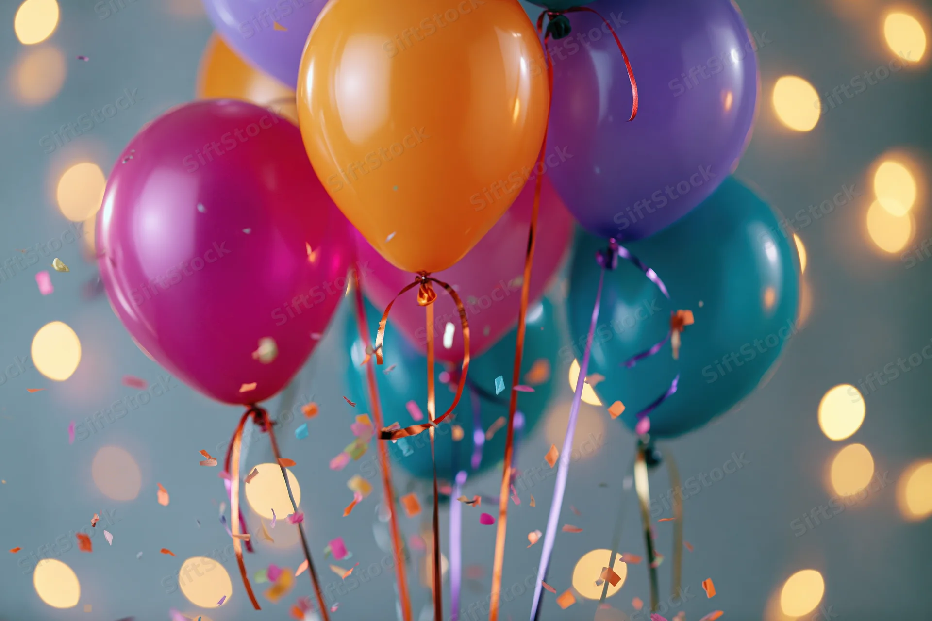 Cluster of colorful helium balloons floating with confetti and bokeh lights in the background