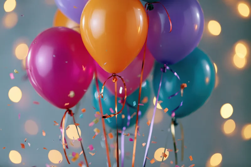 Cluster of colorful helium balloons floating with confetti and bokeh lights in the background